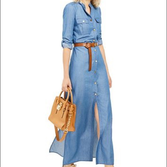 michael kors denim maxi shirt dress